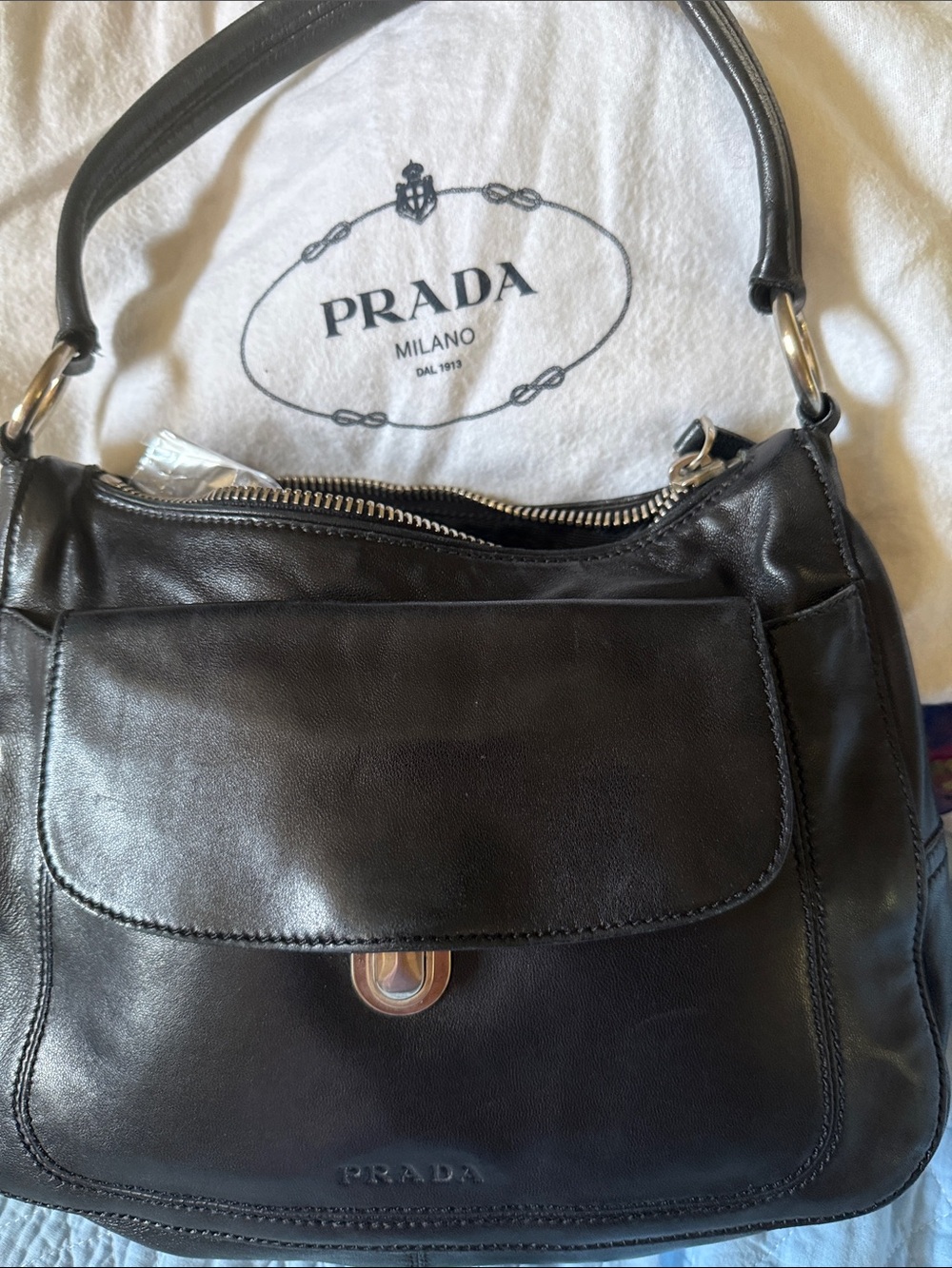 Vintage Prada Black Leather Hobo Shoulder Bag with Front Flap Back Zipper